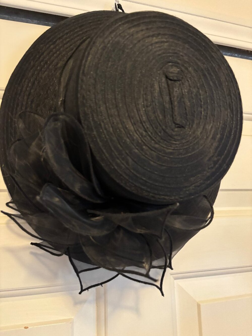 Womens wedding occasion Floral wide brim Church Dressy Sun hat Black